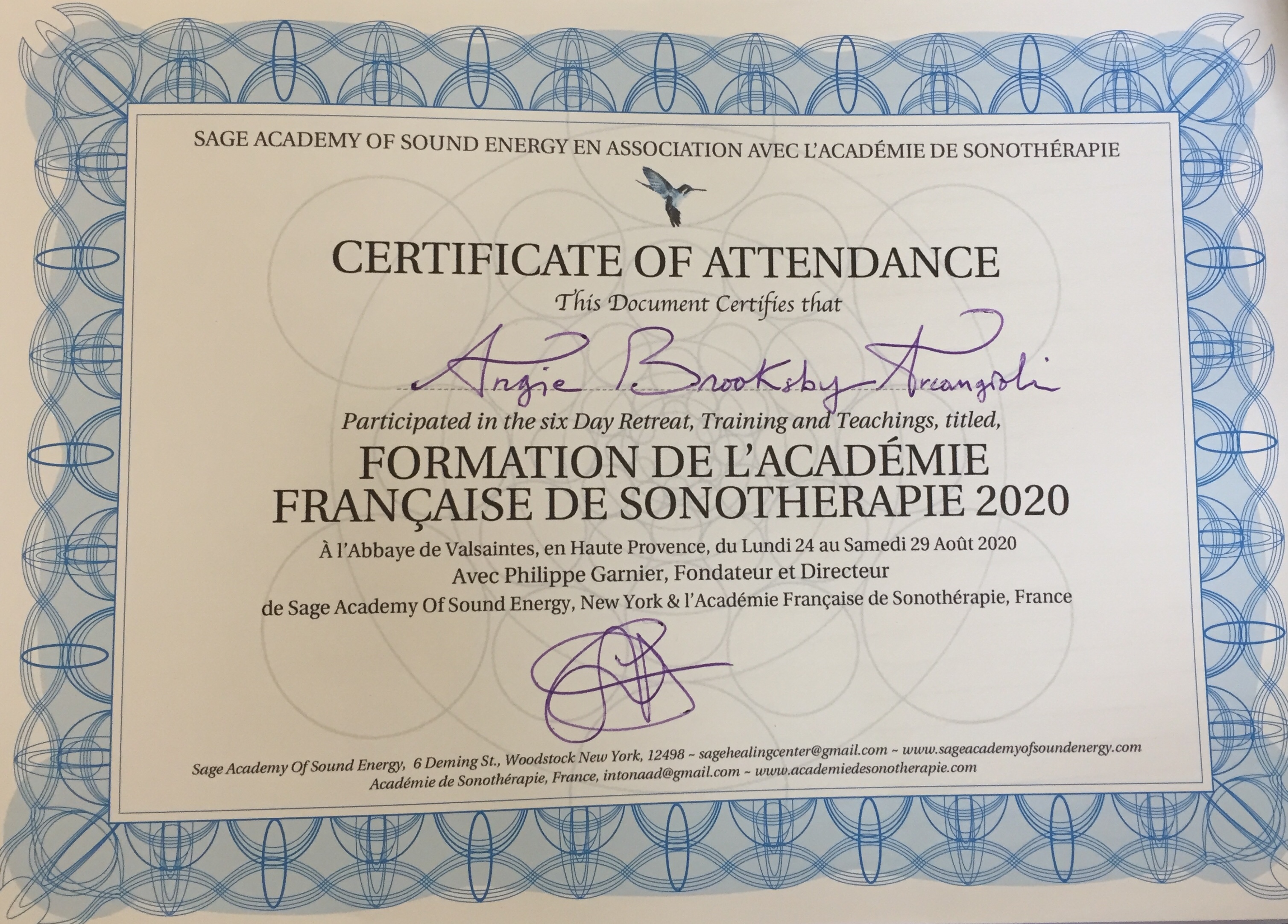 Diploma for Gong Master Training l'Accademie de la Sonotherapie